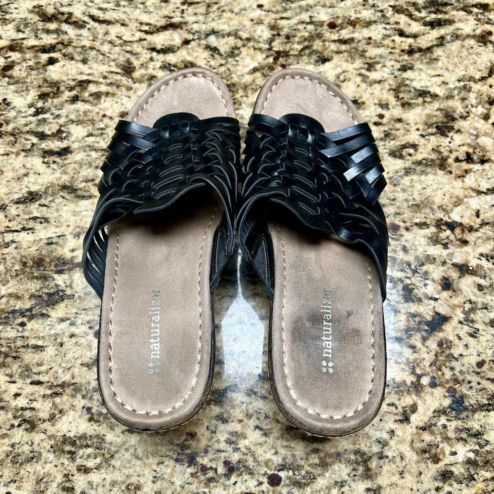 Naturalizer Black‎ Leather Woven Wedge Sandals Slides Comfortable Shoes - Picture 5 of 7